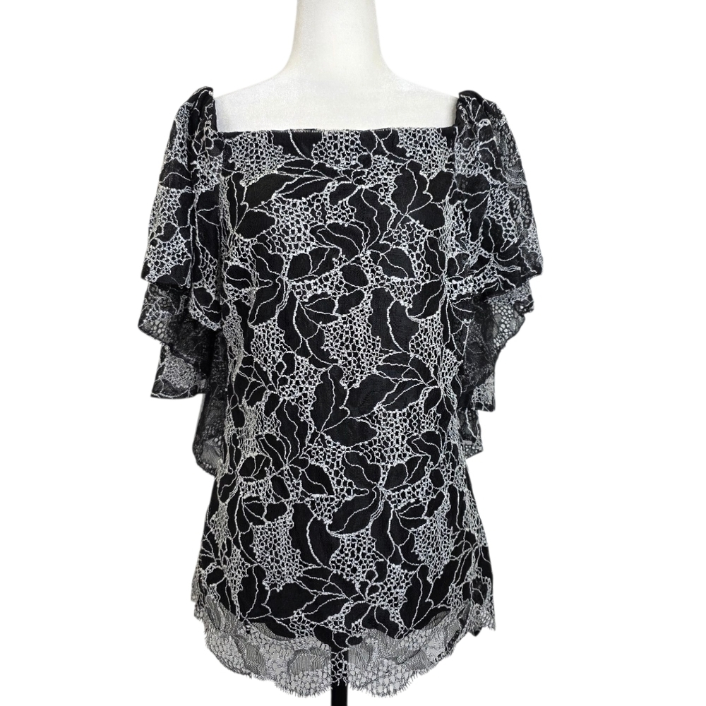 Halston Heritage  abstract print lace off shoulders option blouse